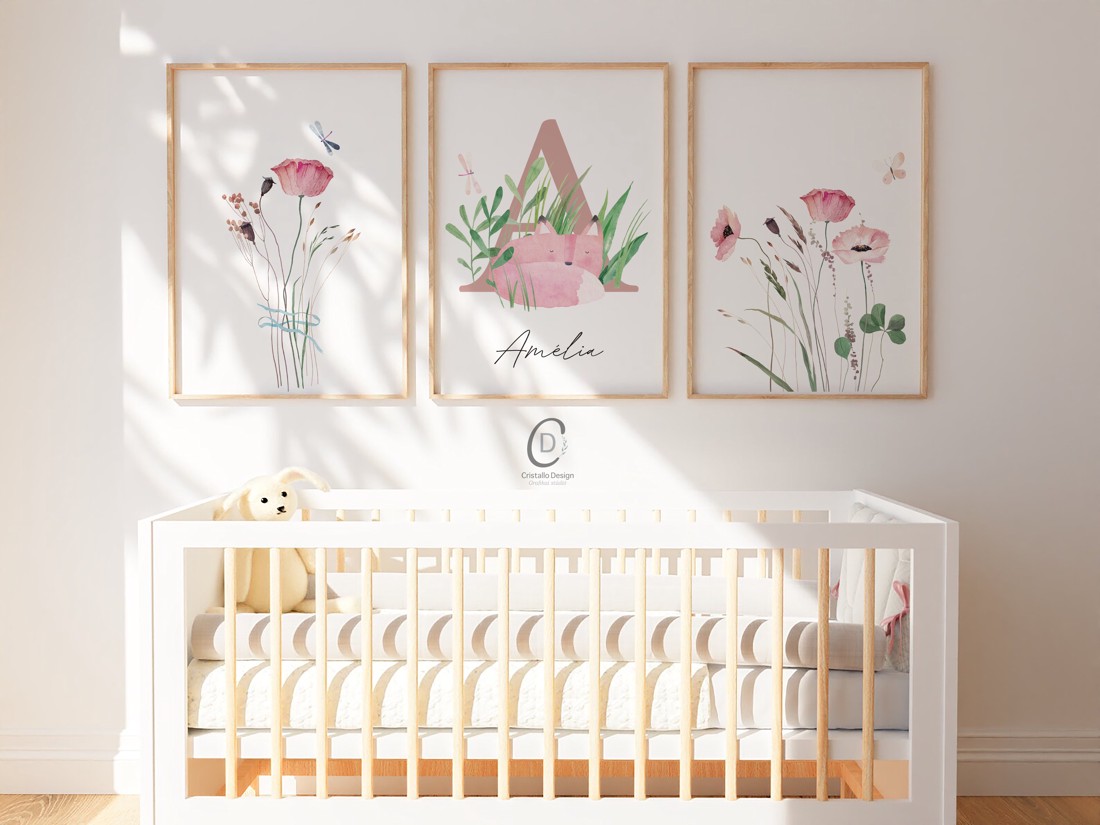 Litere, monogramă, imagine pentru ziua numelui, cadou de botez, decorare cameră copil, set de artă de perete cu flori sălbatice de 3 -  - Artynos.ro