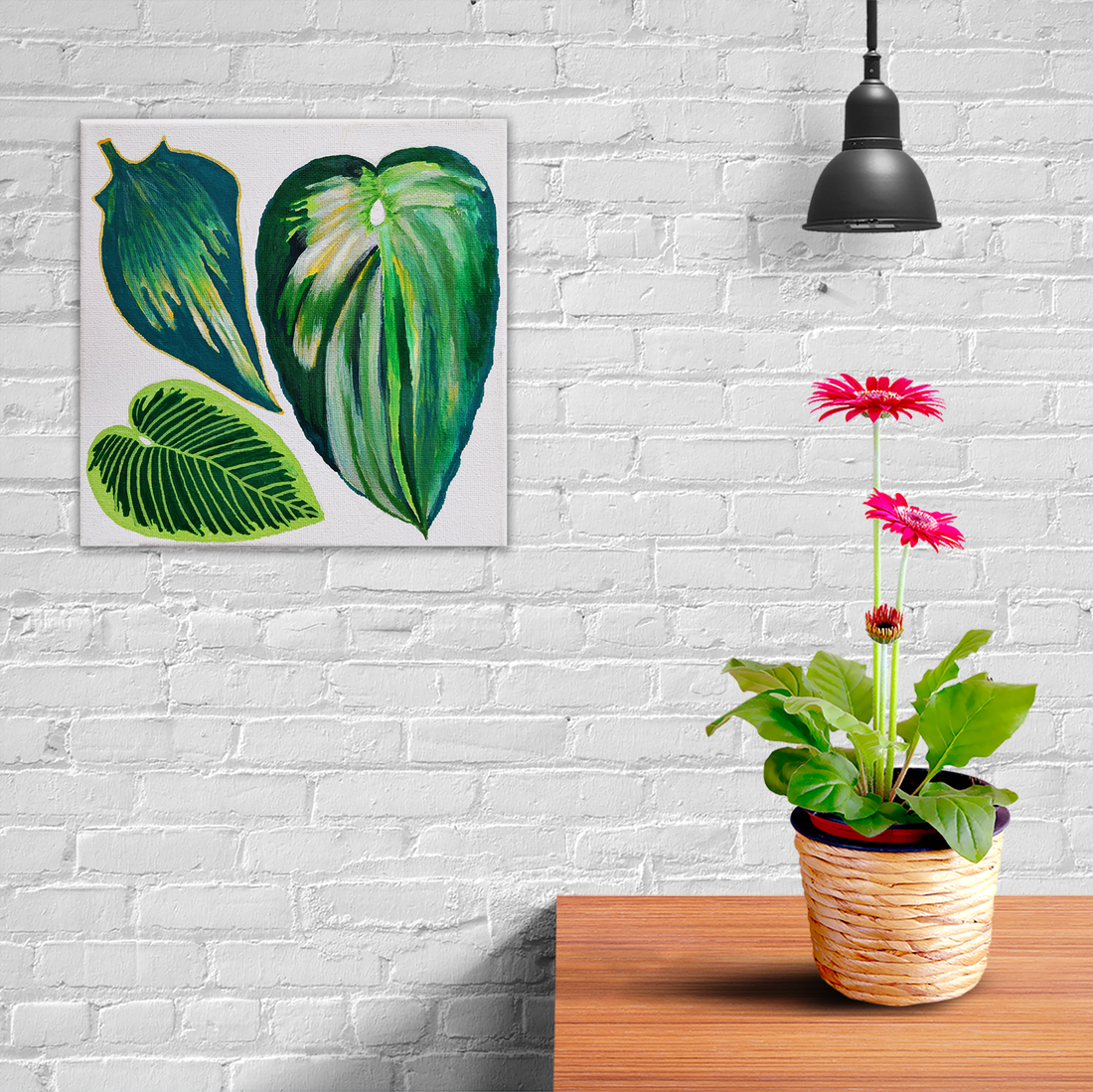 Tablou Pictat Acrilic pe Panza Frunze Tropicale - casă & stil de viață - accesorii pentru decorat casa - picturi murale - tablouri/picturi pe pânză - Artynos.ro
