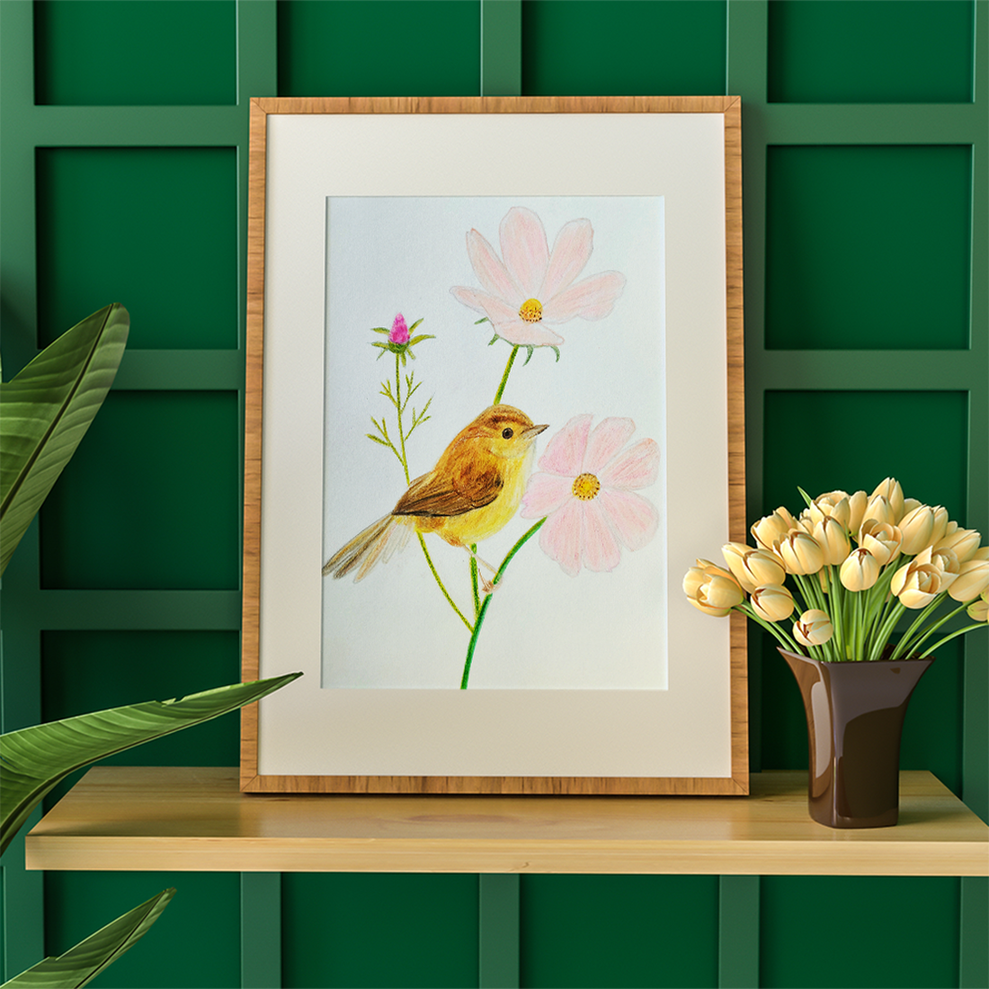 Ilustratie Desen Tablou Creioane Colorate Pasare cu Flori Roz - arte vizuale și accesorii  - grafică, ilustrație - alte desene - Artynos.ro