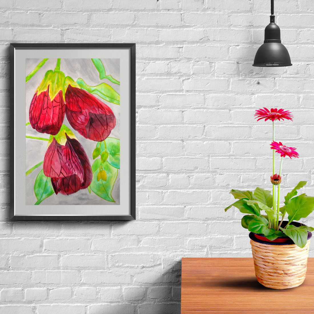 Ilustratie Pictura Tablou Acuarele Flori Rosii Abutilon, Floarea Artar - arte vizuale și accesorii  - picturi - acuarele picturi - Artynos.ro