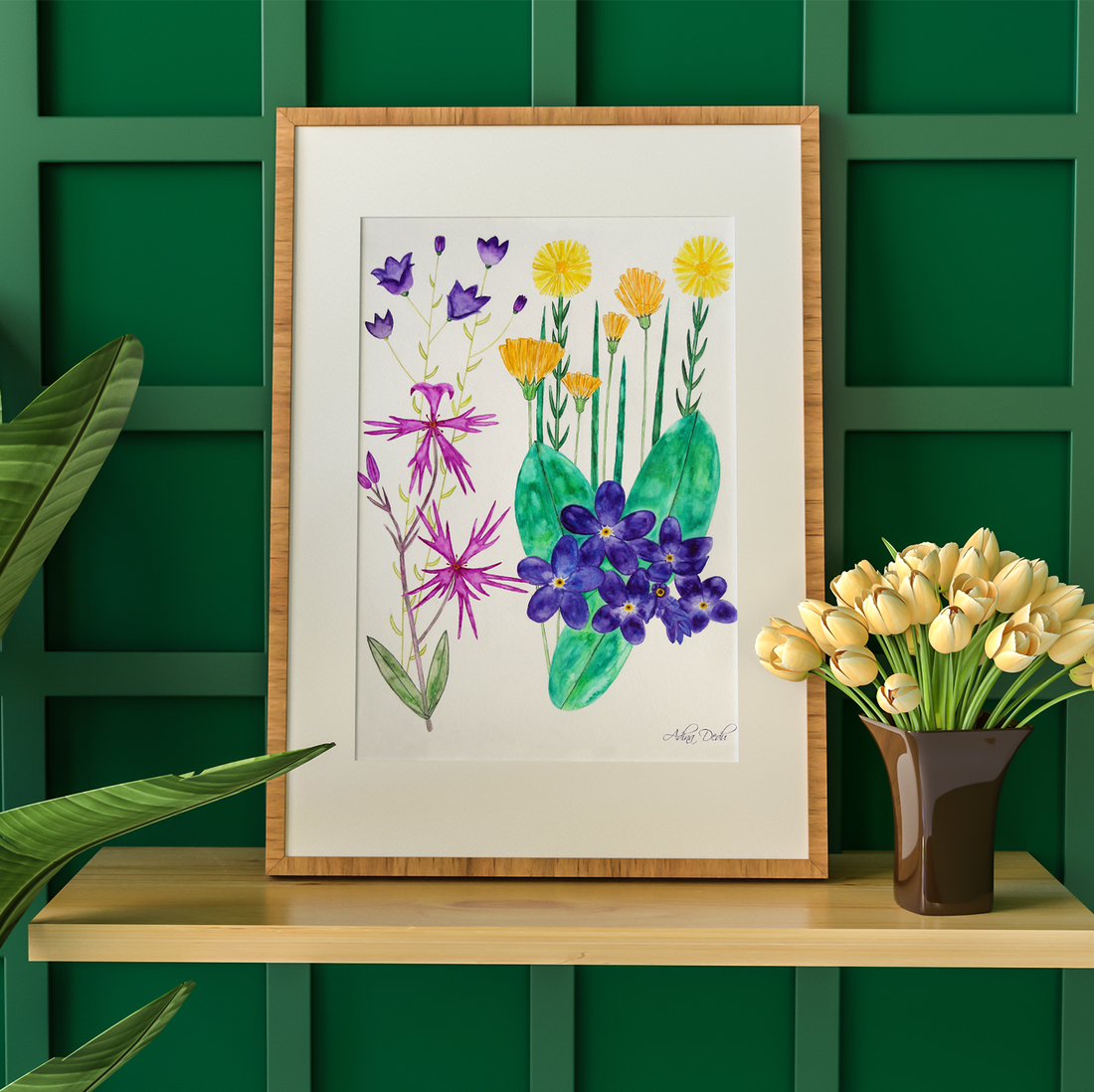 Ilustratie Pictura Tablou Acuarele Flori de Camp Galbene, Roz si Violet - arte vizuale și accesorii  - picturi - acuarele picturi - Artynos.ro