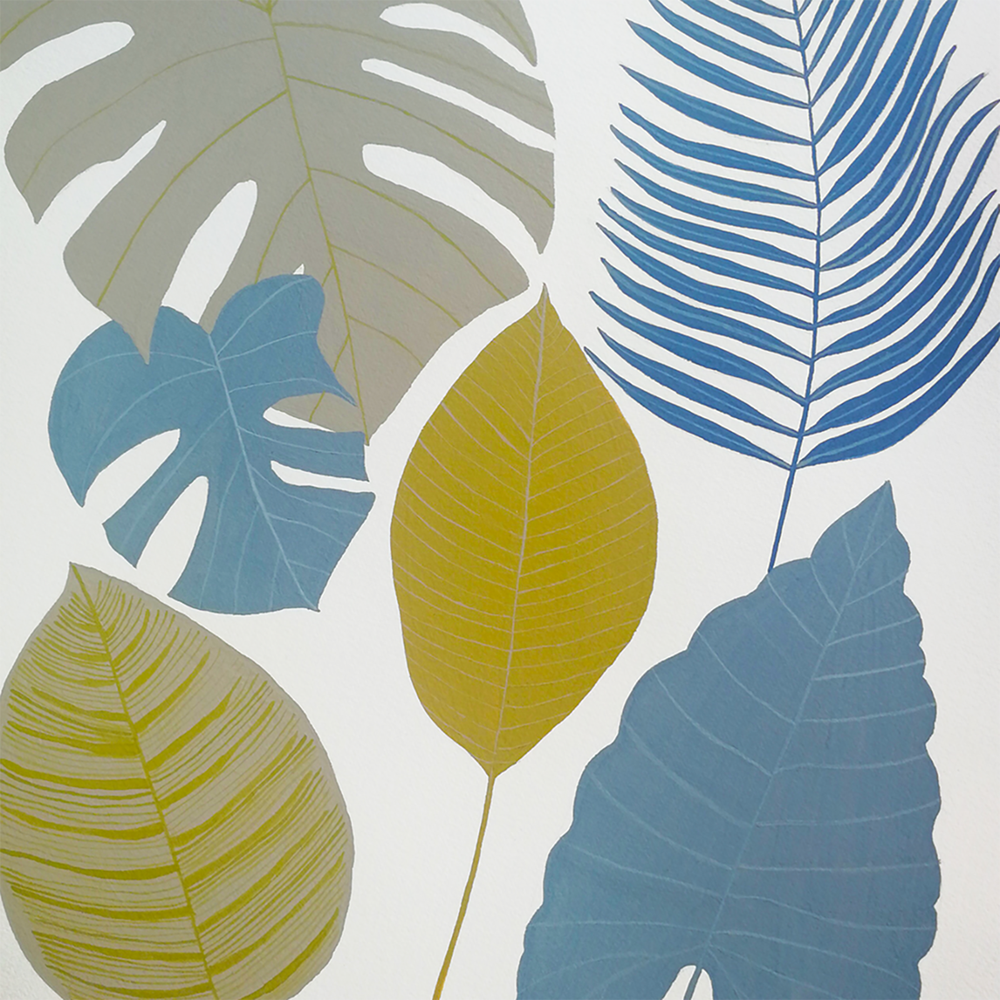 Ilustratie Pictura Tablou Guase Frunze Tropicale Galbene si Turcoaz - arte vizuale și accesorii  - picturi - acuarele picturi - Artynos.ro