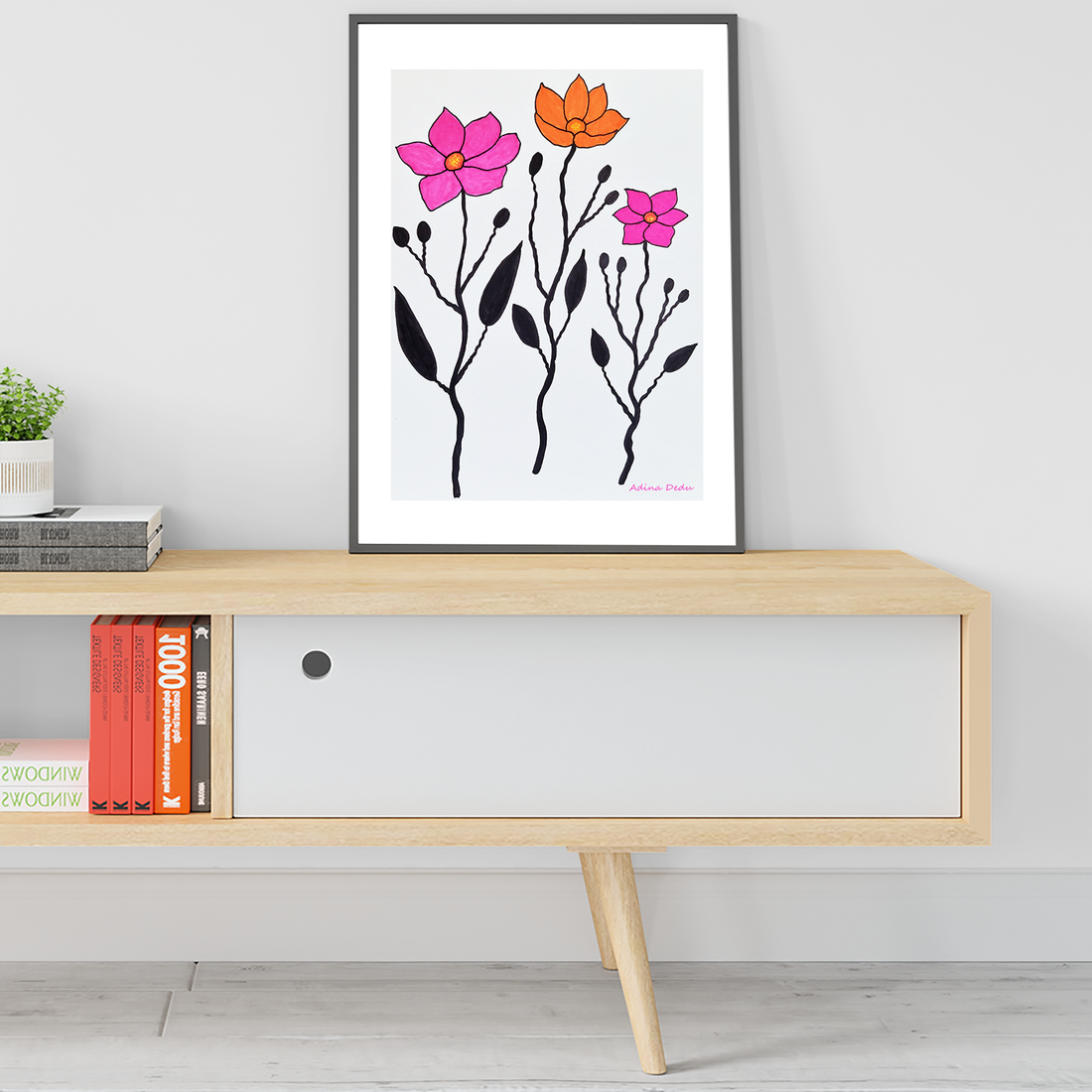 Tablou Ilustratie Flori Roz, Portocaliu si Negru - arte vizuale și accesorii  - grafică, ilustrație - alte desene - Artynos.ro