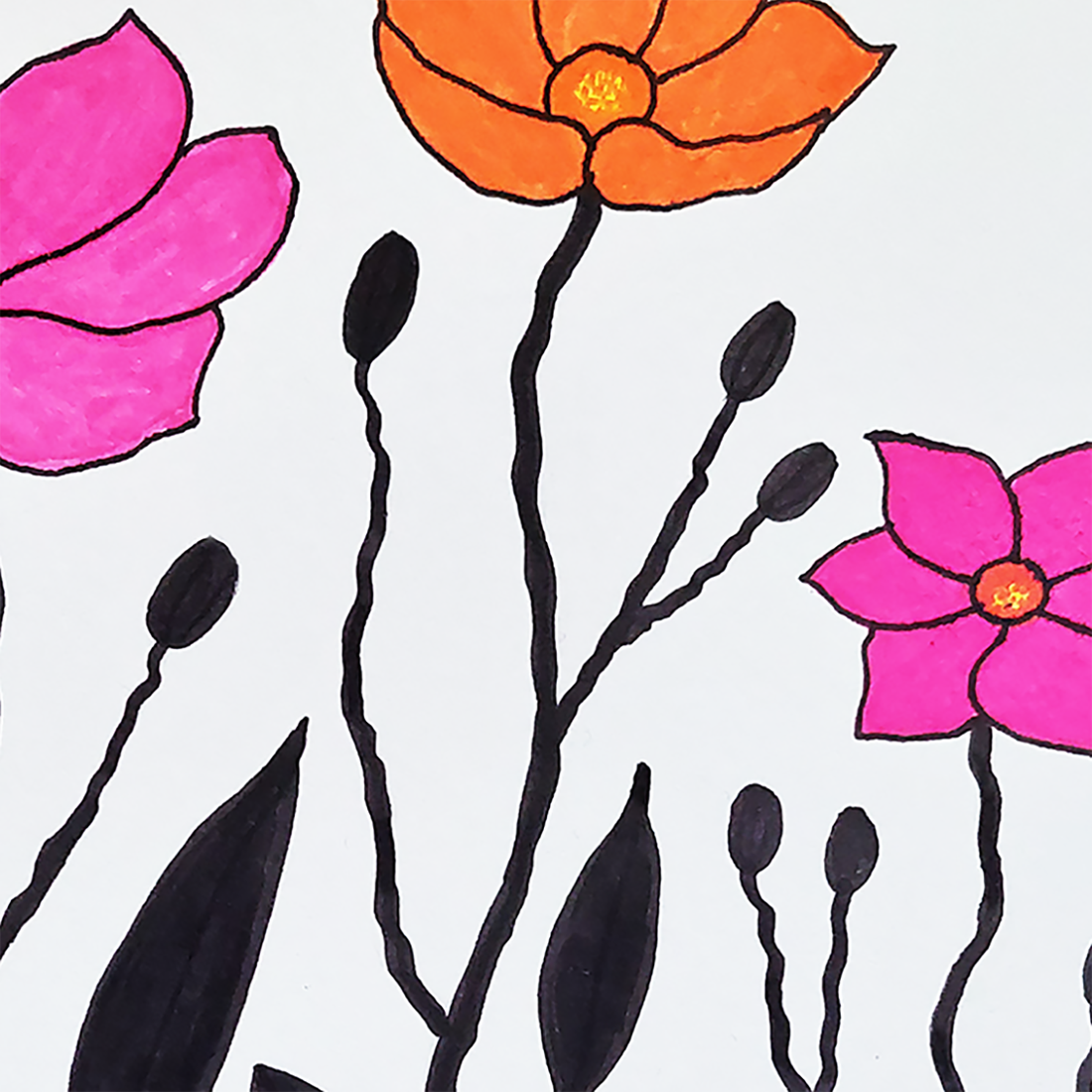 Tablou Ilustratie Flori Roz, Portocaliu si Negru - arte vizuale și accesorii  - grafică, ilustrație - alte desene - Artynos.ro
