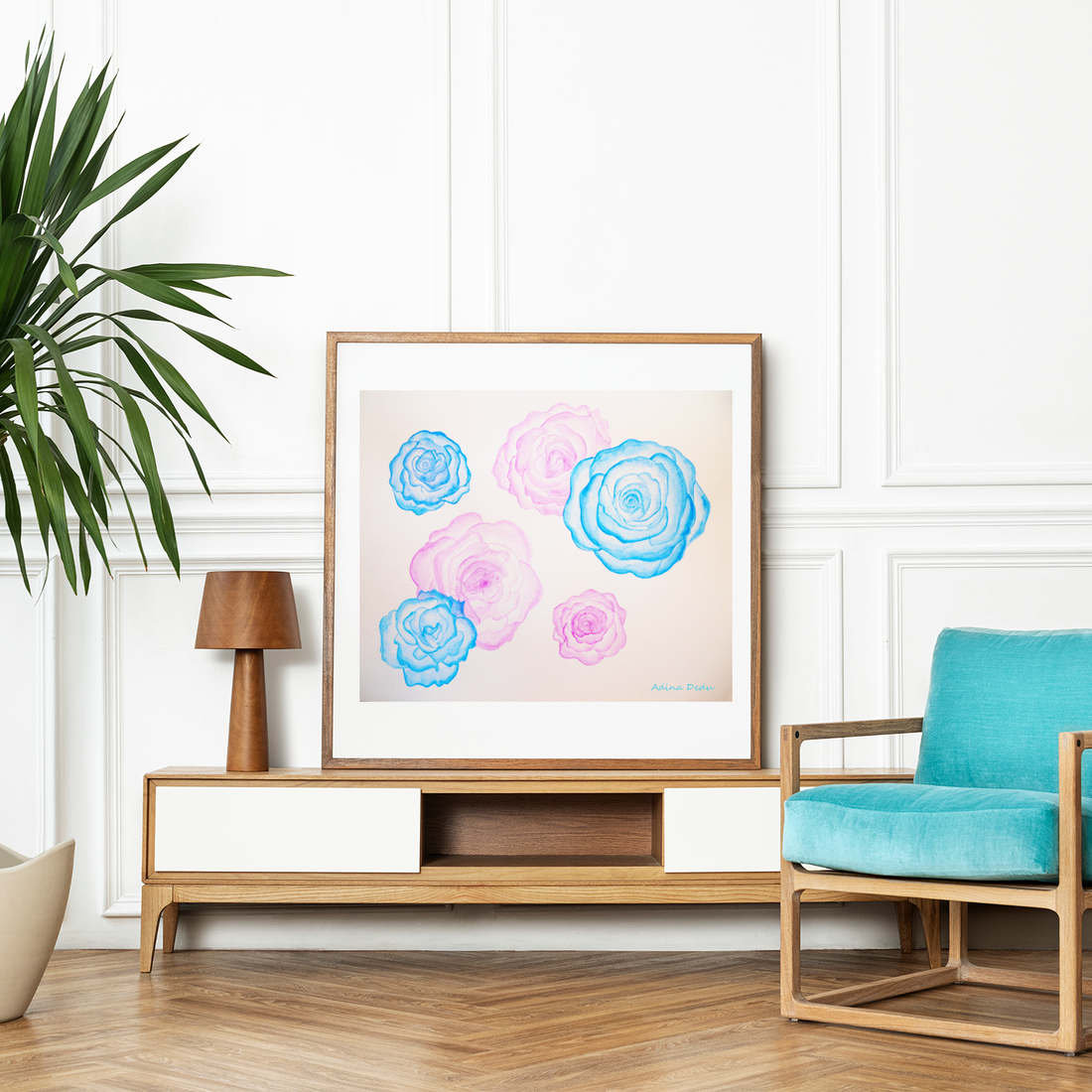 Ilustratie Pictura Tablou Acuarele Trandafiri Roz si Albastri - arte vizuale și accesorii  - picturi - acuarele picturi - Artynos.ro