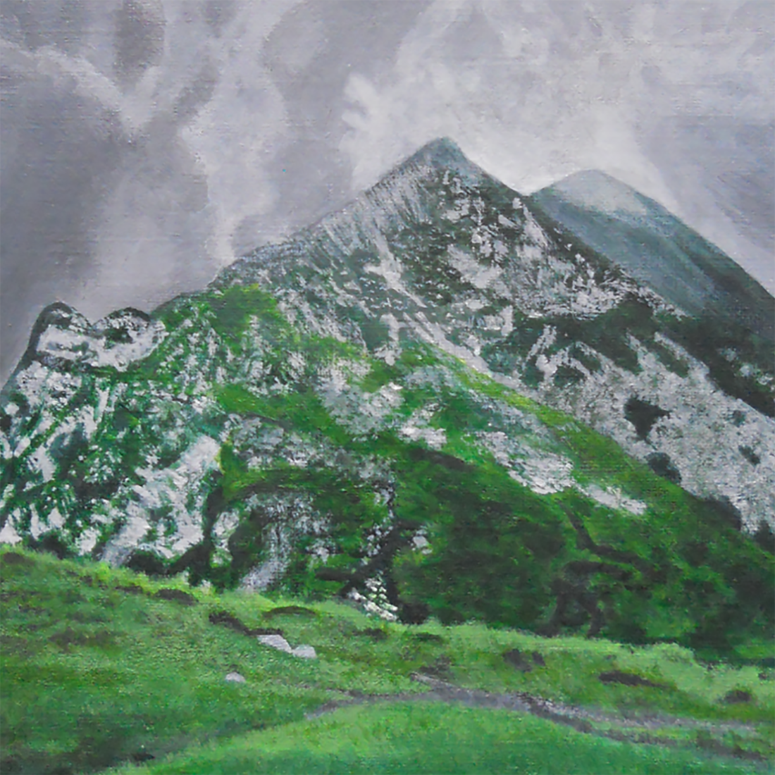 Tablou Pictat Acrilic Peisaj de Munte Verde si Gri - arte vizuale și accesorii  - picturi - pictură acrilică - Artynos.ro