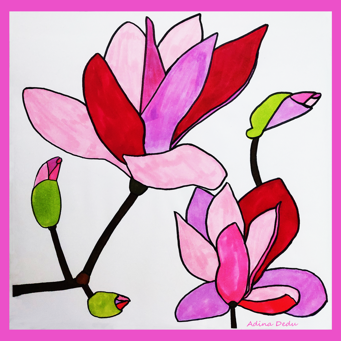 Ilustratie Desen Tablou Markere Flori Magnolii Roz, Rosii si Violet - arte vizuale și accesorii  - grafică, ilustrație - alte desene - Artynos.ro