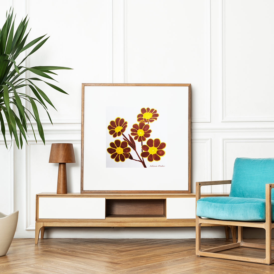 Ilustratie Desen Tablou Markere Flori Primula Maro si Galben - arte vizuale și accesorii  - grafică, ilustrație - alte desene - Artynos.ro
