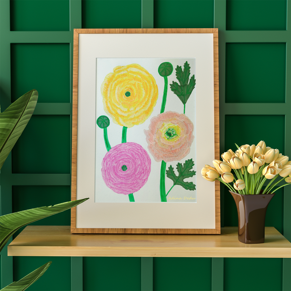 Tablou Ilustratie Flori Ranunculus Galben, Roz și Portocaliu - arte vizuale și accesorii  - grafică, ilustrație - alte desene - Artynos.ro