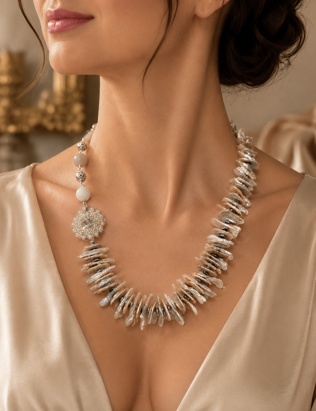 SETUNFORGETTABLE perle biwa,perle naturale,hematit electroplacat,agate,rivoli țesut cu Toho,accesorii placate cu Ag - bijuterii - seturi de bijuterii - Artynos.ro