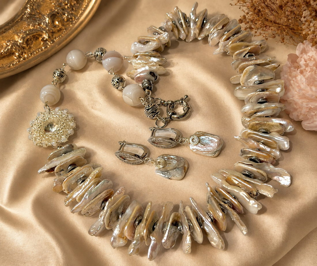 SETUNFORGETTABLE perle biwa,perle naturale,hematit electroplacat,agate,rivoli țesut cu Toho,accesorii placate cu Ag - bijuterii - seturi de bijuterii - Artynos.ro