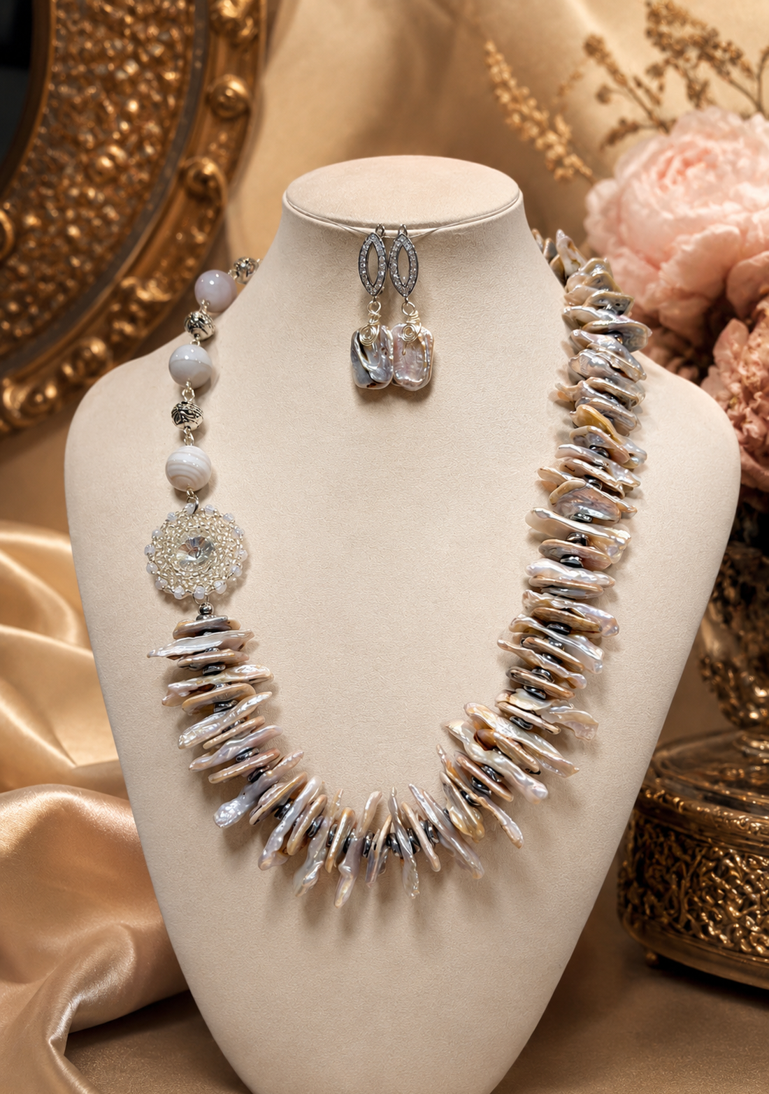 SETUNFORGETTABLE perle biwa,perle naturale,hematit electroplacat,agate,rivoli țesut cu Toho,accesorii placate cu Ag - bijuterii - seturi de bijuterii - Artynos.ro