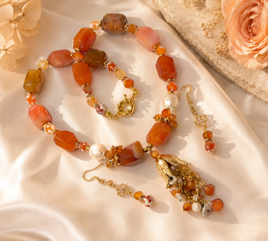Colier și cercei din agate mari,perle baroc,hematit perle de cultura și accesorii placate cu aurLAST LIGHT OF AUGUST - bijuterii - seturi de bijuterii - Artynos.ro
