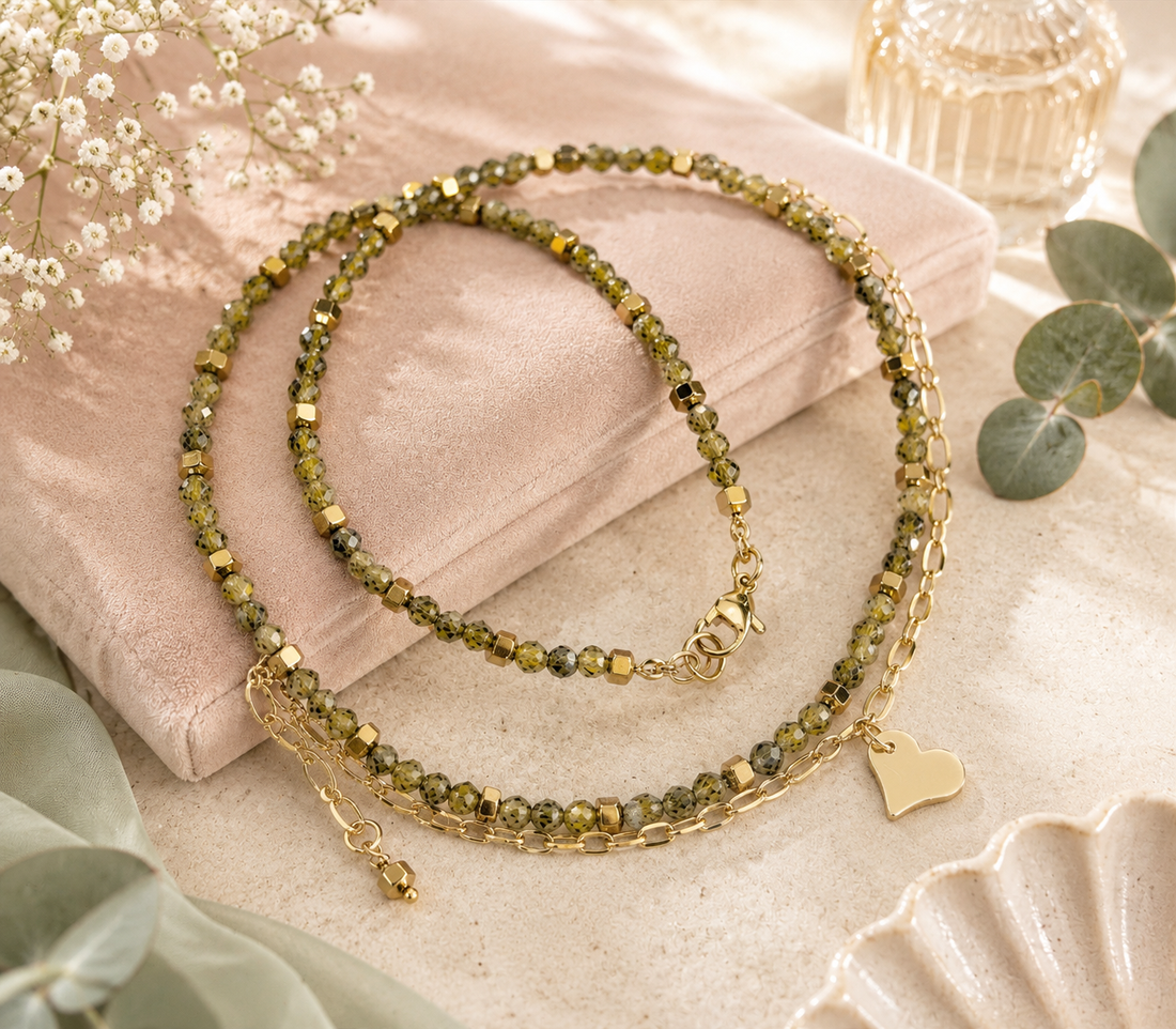COLIERMORNING DEWcubic zirconia olive,hematit auriu,inox - bijuterii - seturi de bijuterii - Artynos.ro