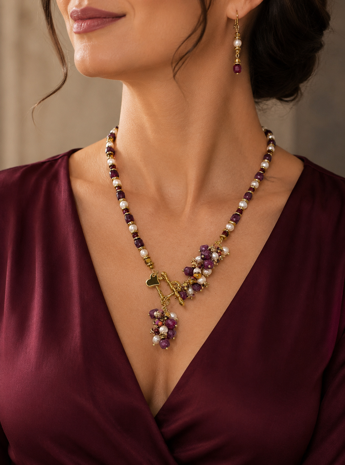 SETBURGUNDY ELEGANCEjad fațetat,perle de cultură,hematit electroplacat,accesorii placate cu aur,inox - bijuterii - seturi de bijuterii - Artynos.ro