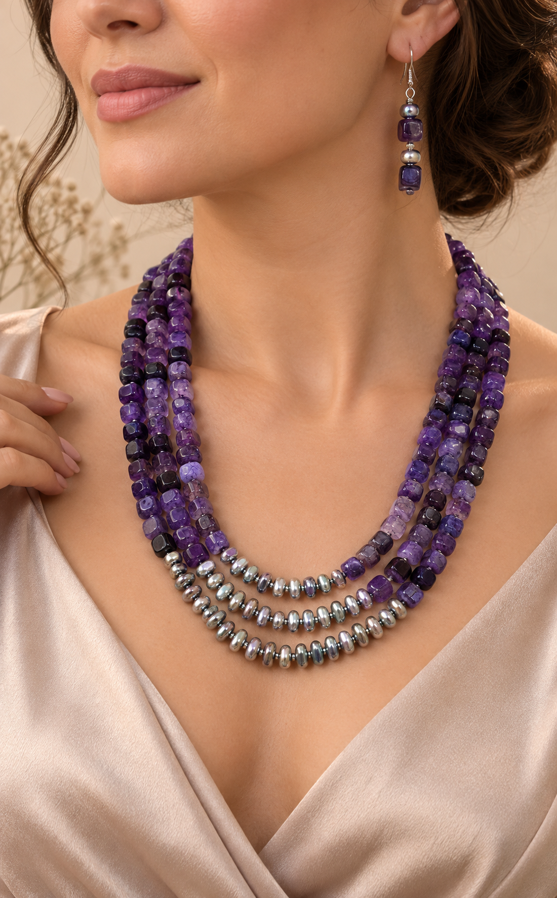 Set colier și cercei agate crackle,hematit,toho,inoxPURPLE STORY - bijuterii - seturi de bijuterii - Artynos.ro