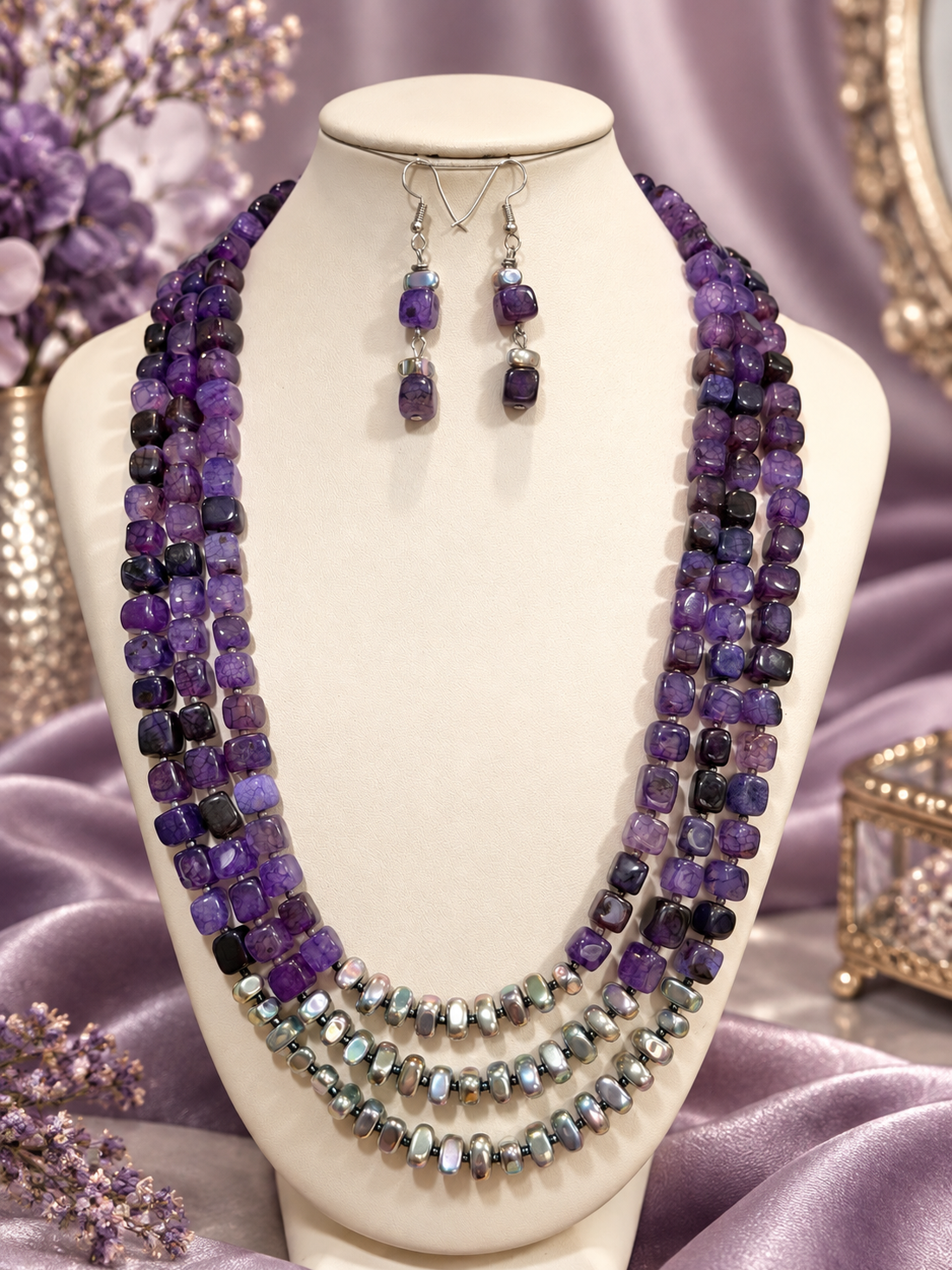 Set colier și cercei agate crackle,hematit,toho,inoxPURPLE STORY - bijuterii - seturi de bijuterii - Artynos.ro