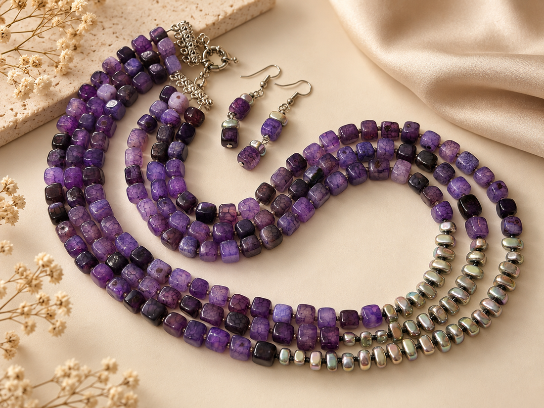 Set colier și cercei agate crackle,hematit,toho,inoxPURPLE STORY - bijuterii - seturi de bijuterii - Artynos.ro