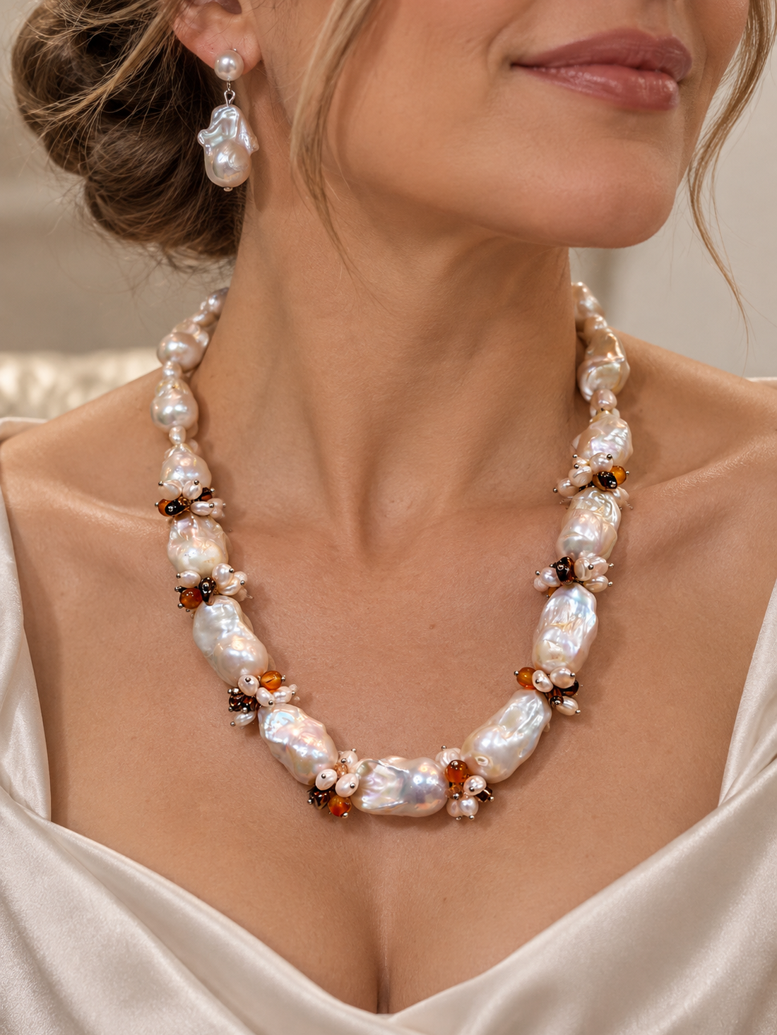 Set colier și cercei din perle baroc mari,perle cultura,agate,hematit,inoxWHITE TEMPTATION - bijuterii - seturi de bijuterii - Artynos.ro