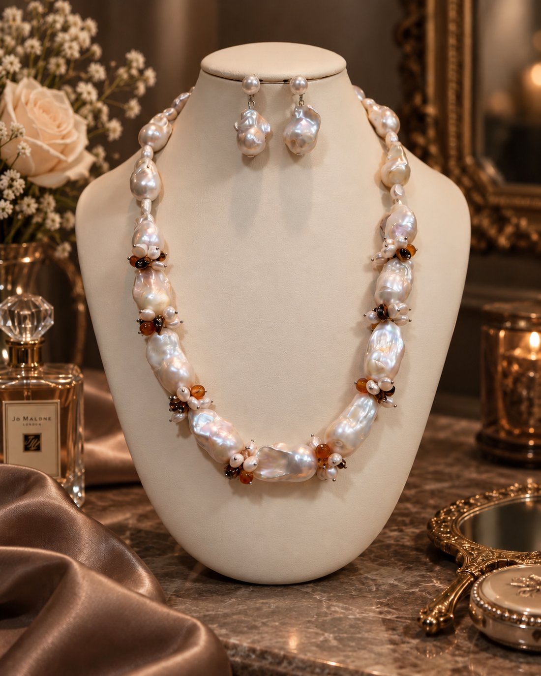 Set colier și cercei din perle baroc mari,perle cultura,agate,hematit,inoxWHITE TEMPTATION - bijuterii - seturi de bijuterii - Artynos.ro