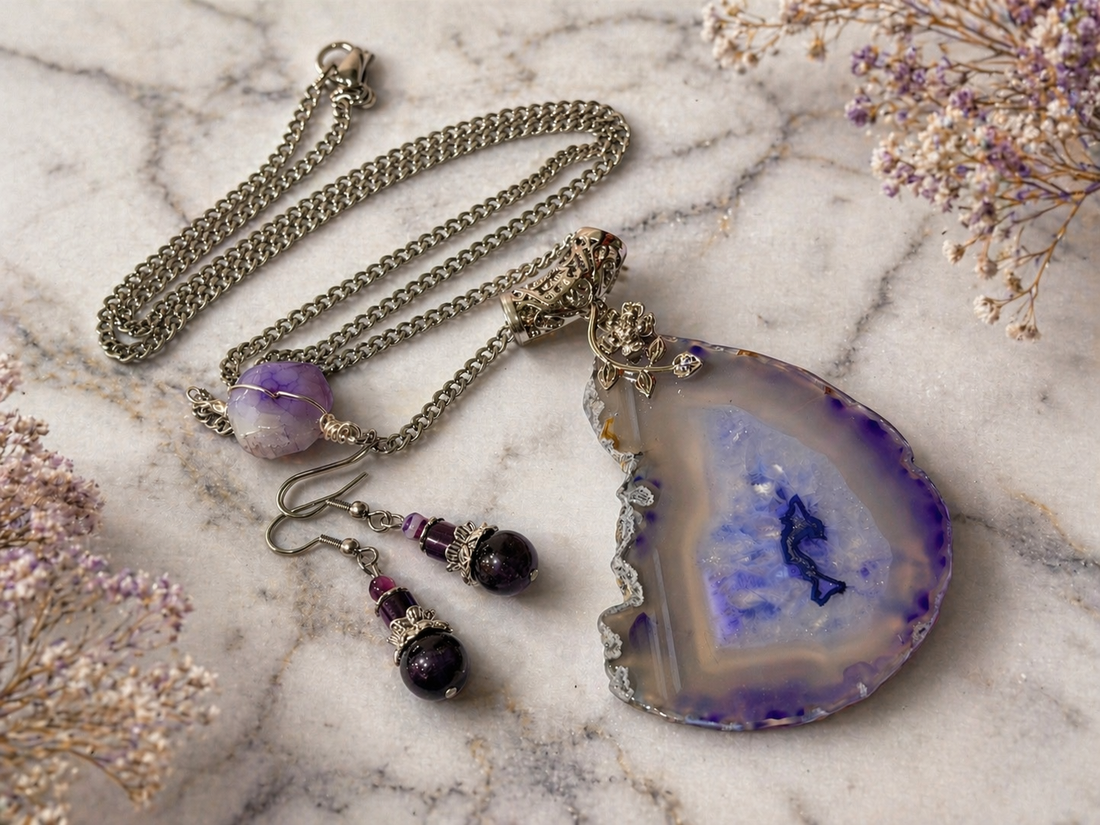 SET LAVENDER ELEMENT agate,ametist,hematit,inox - bijuterii - seturi de bijuterii - Artynos.ro