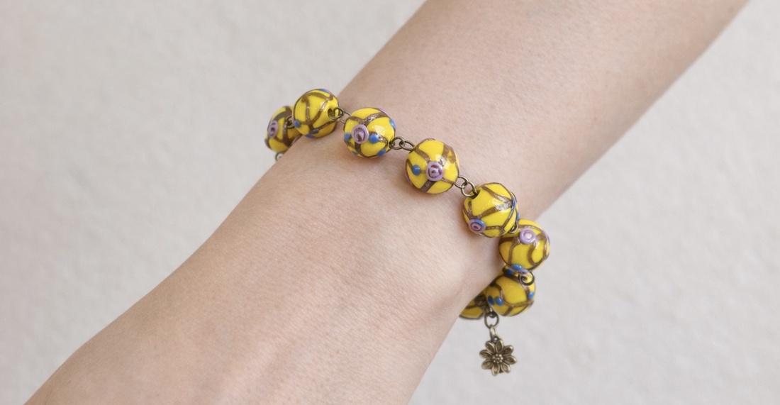 BRĂȚARĂ TONIC YELLOW-lampwork,bronz - bijuterii - brățări - brățări din mărgele - Artynos.ro