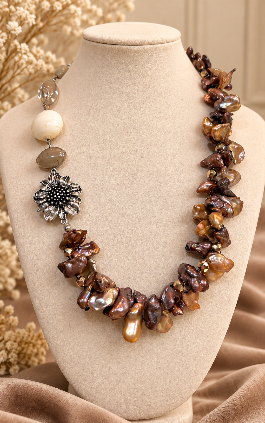 Colier perle naturale,hematit,inox-Accesorii argintate, Hematit, Inox, Perle neregulate mari, TohTaupe Praline- - bijuterii - seturi de bijuterii - Artynos.ro