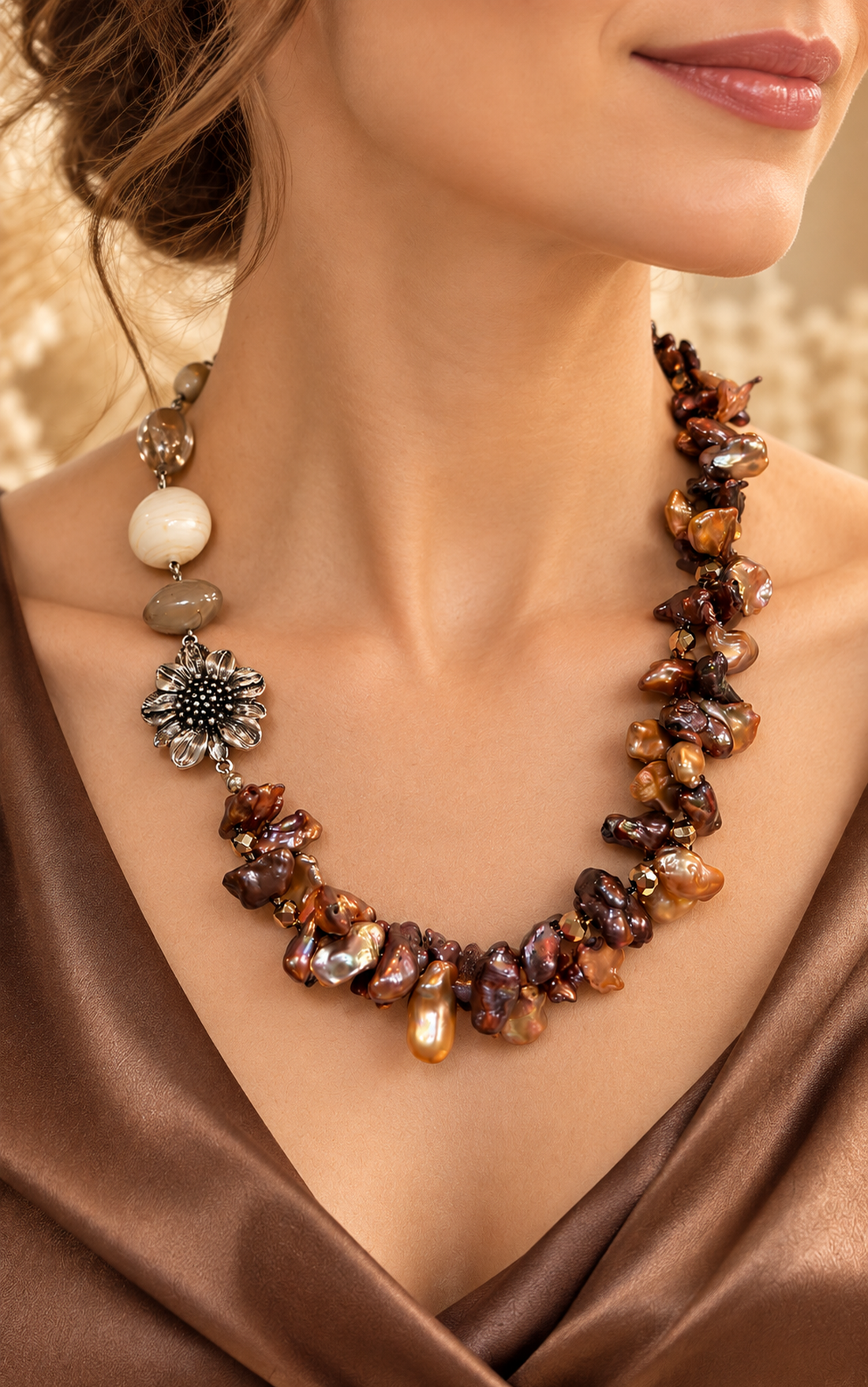 Colier perle naturale,hematit,inox-Accesorii argintate, Hematit, Inox, Perle neregulate mari, TohTaupe Praline- - bijuterii - seturi de bijuterii - Artynos.ro