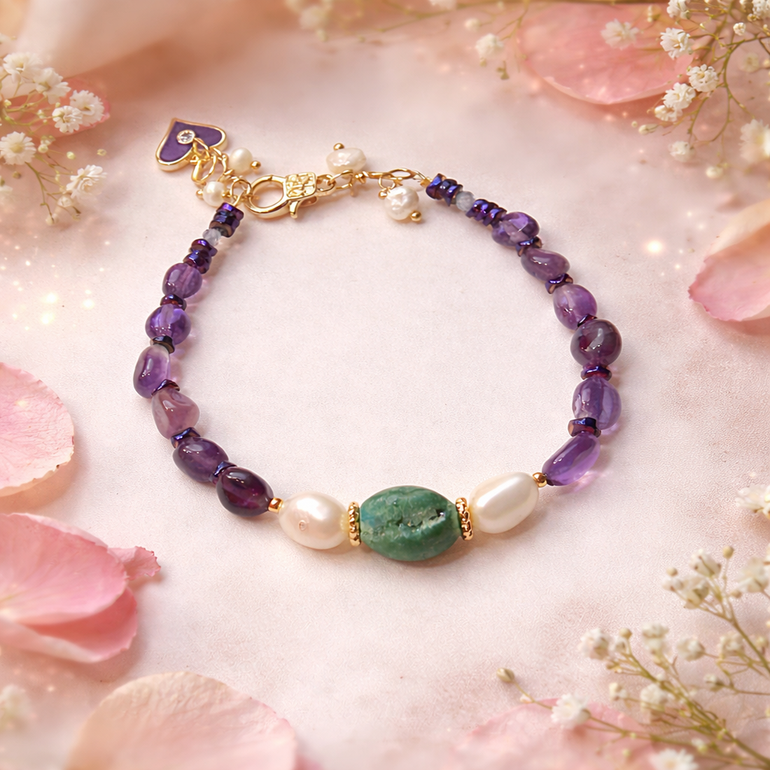 BRĂȚARĂ AMETHYST MOSS  ametist,hematit electroplacat,perle cultură,agata druzy,inox auriu - bijuterii - brățări - brățări din pietre semiprețioase - Artynos.ro