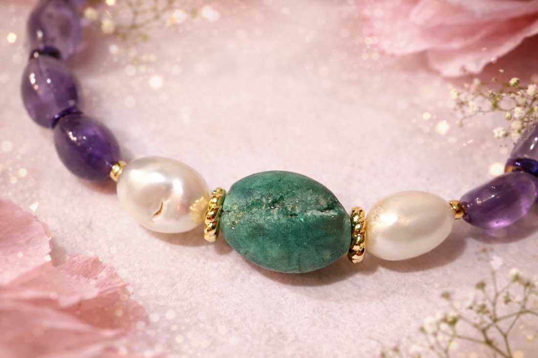 BRĂȚARĂ AMETHYST MOSS  ametist,hematit electroplacat,perle cultură,agata druzy,inox auriu - bijuterii - brățări - brățări din pietre semiprețioase - Artynos.ro