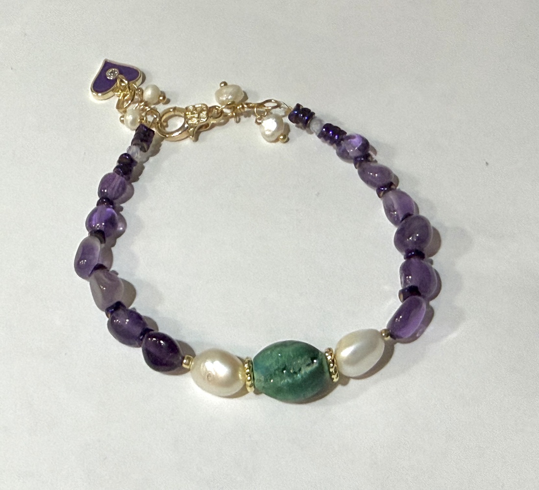 BRĂȚARĂ AMETHYST MOSS  ametist,hematit electroplacat,perle cultură,agata druzy,inox auriu - bijuterii - brățări - brățări din pietre semiprețioase - Artynos.ro