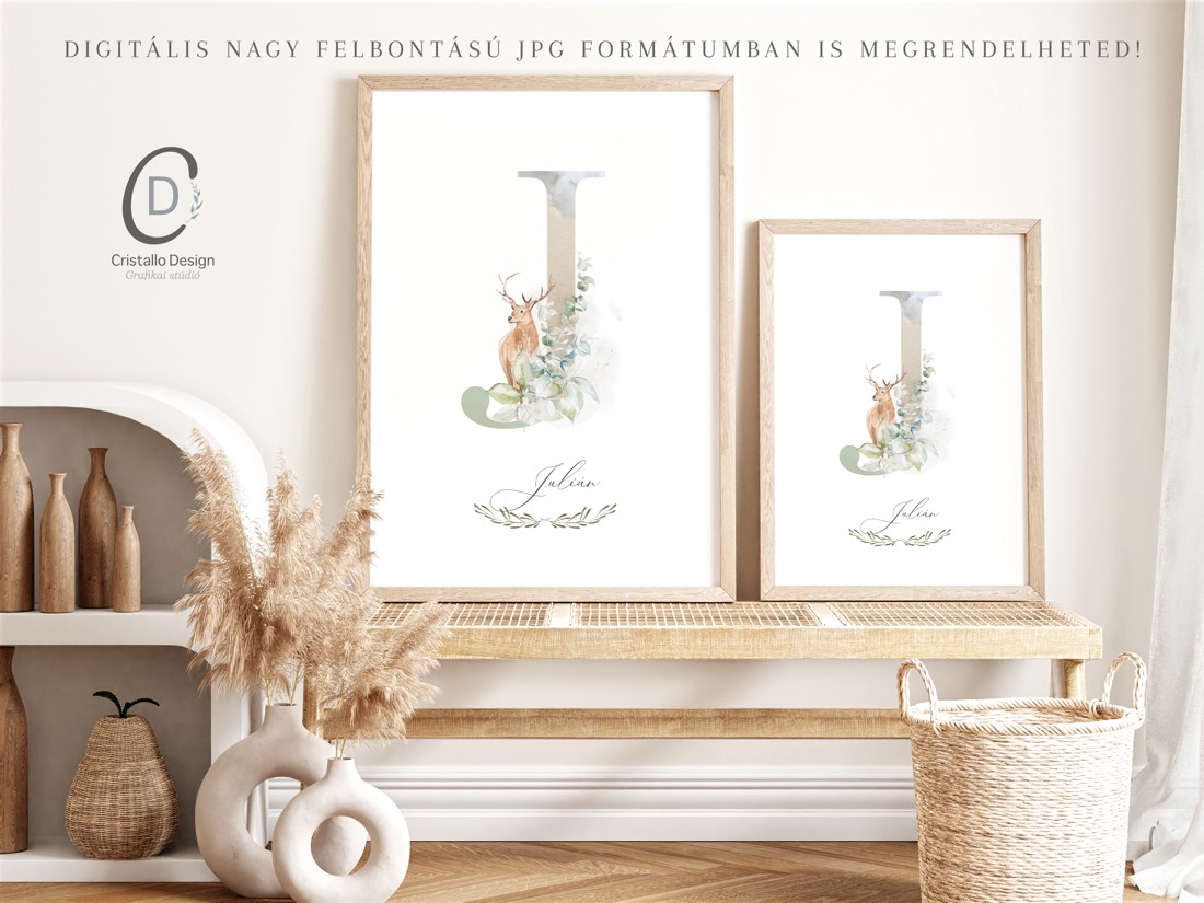litera J, poster monogramă, imagine ziua numelui, decor, arta de perete verdeață, animal pădure -  - Artynos.ro