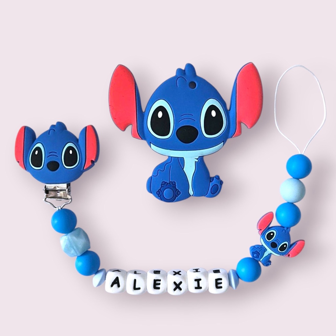 SET Lanț pentru suzetă personalizat - jucărie pentru dentiție (Varianta Stitch) - jucării și echipamente pentru copii - jucării bebeluși - lanț suzetă - Artynos.ro