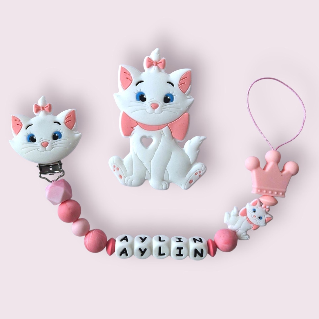 SET Lanț pentru suzetă personalizat - jucărie pentru dentiție (Varianta Cat) - jucării și echipamente pentru copii - jucării bebeluși - lanț suzetă - Artynos.ro