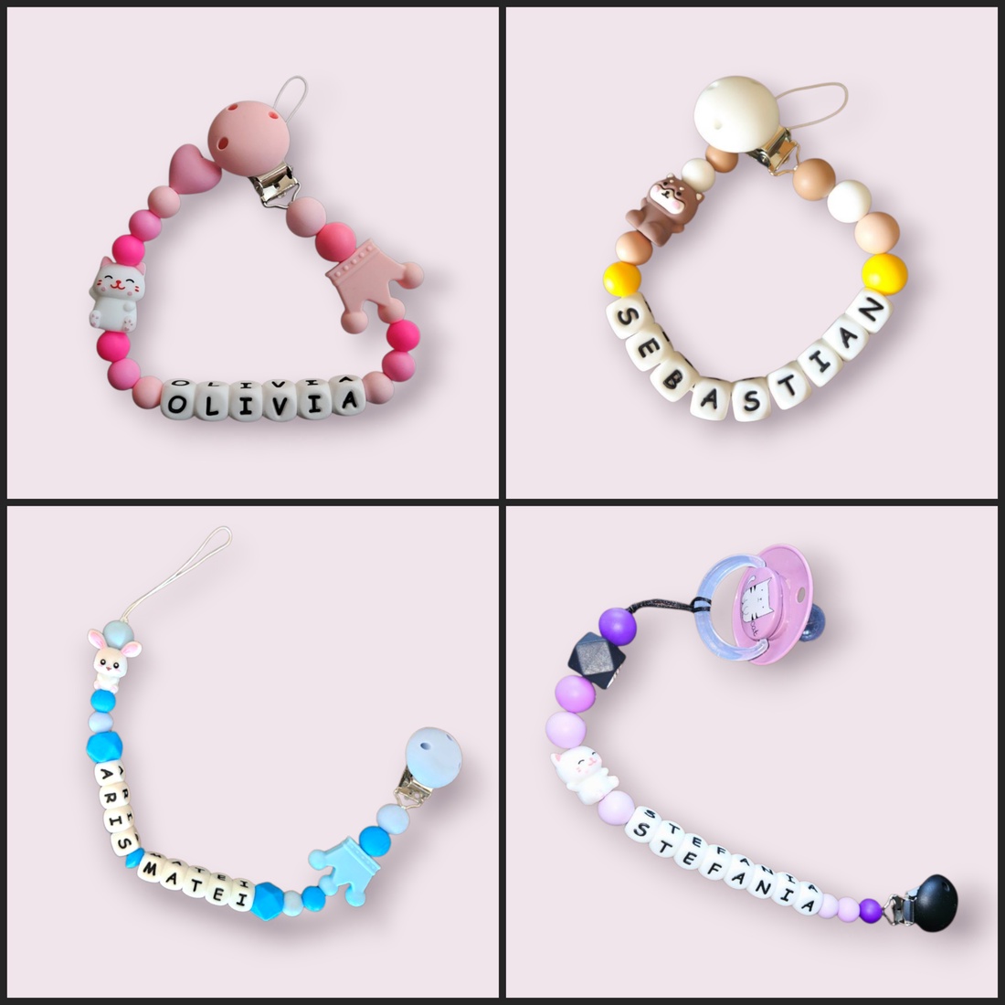 Lanț pentru suzetă personalizat (Varianta clips silicon)) - jucării și echipamente pentru copii - jucării bebeluși - lanț suzetă - Artynos.ro