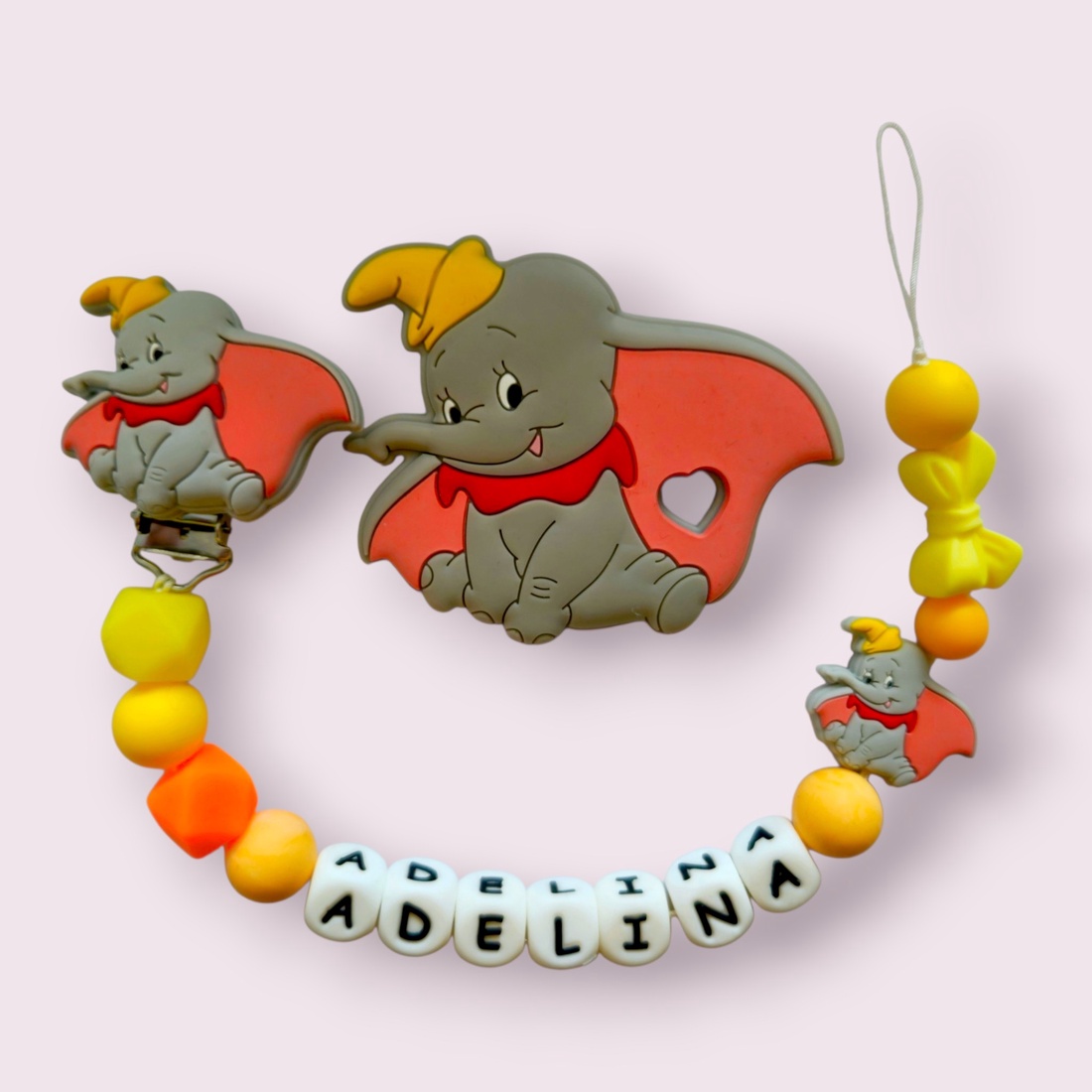 SET Lanț pentru suzetă personalizat - jucărie pentru dentiție (Varianta Dumbo) - jucării și echipamente pentru copii - jucării bebeluși - lanț suzetă - Artynos.ro