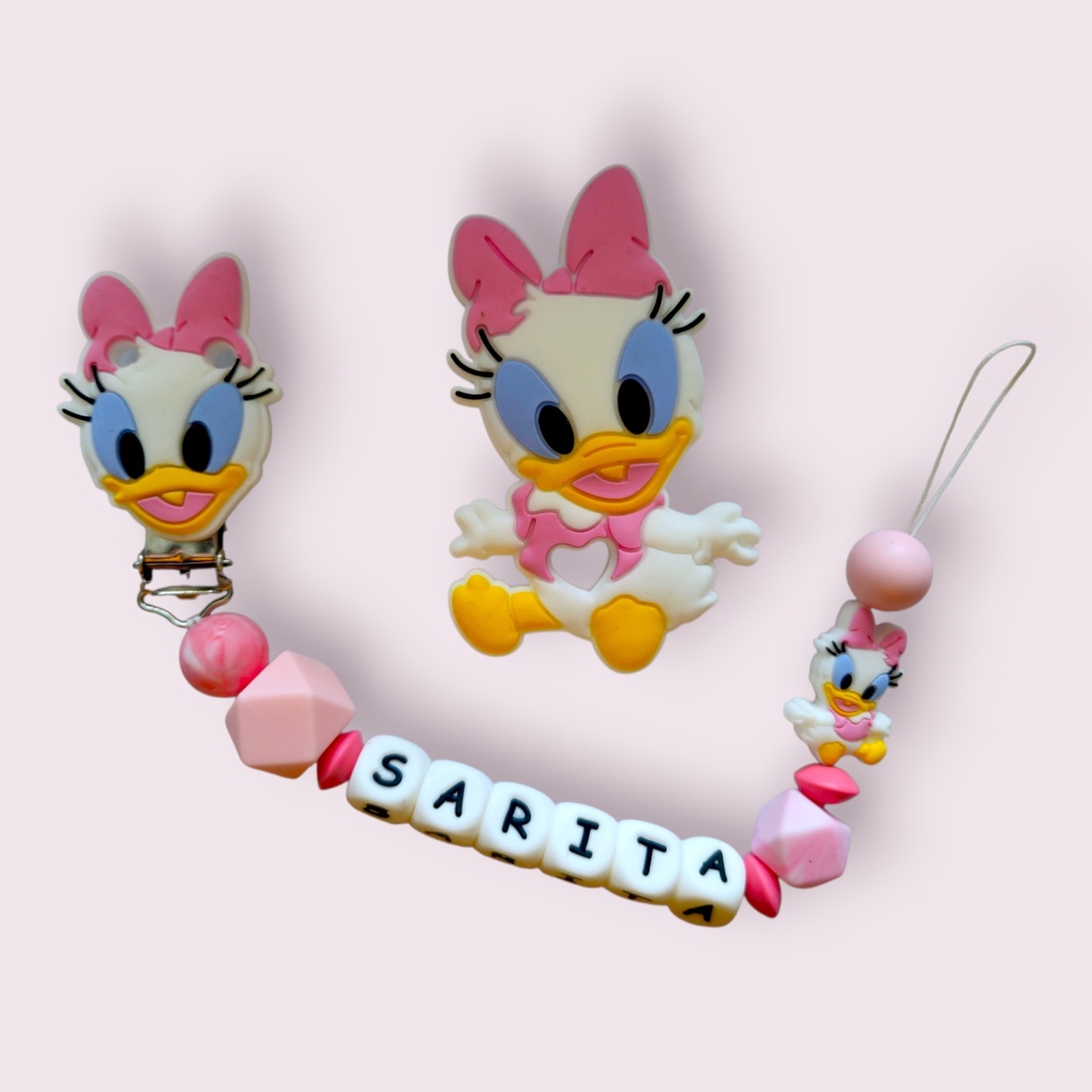 SET Lanț pentru suzetă personalizat - jucărie pentru dentiție (Varianta Duck) - jucării și echipamente pentru copii - jucării bebeluși - lanț suzetă - Artynos.ro