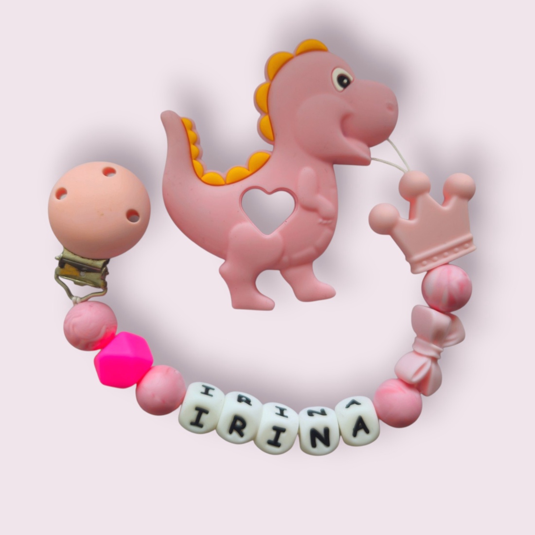 SET Lanț pentru suzetă personalizat - jucărie pentru dentiție Dinozaur - jucării și echipamente pentru copii - jucării bebeluși - lanț suzetă - Artynos.ro