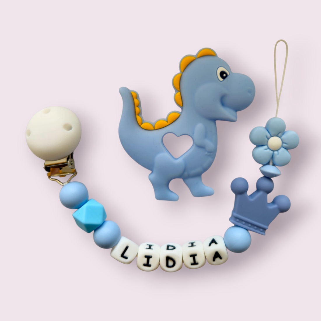 SET Lanț pentru suzetă personalizat - jucărie pentru dentiție Dinozaur - jucării și echipamente pentru copii - jucării bebeluși - lanț suzetă - Artynos.ro