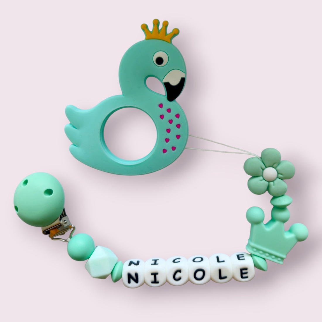 SET Lanț pentru suzetă personalizat - jucărie pentru dentiție Lebădă - jucării și echipamente pentru copii - jucării bebeluși - lanț suzetă - Artynos.ro