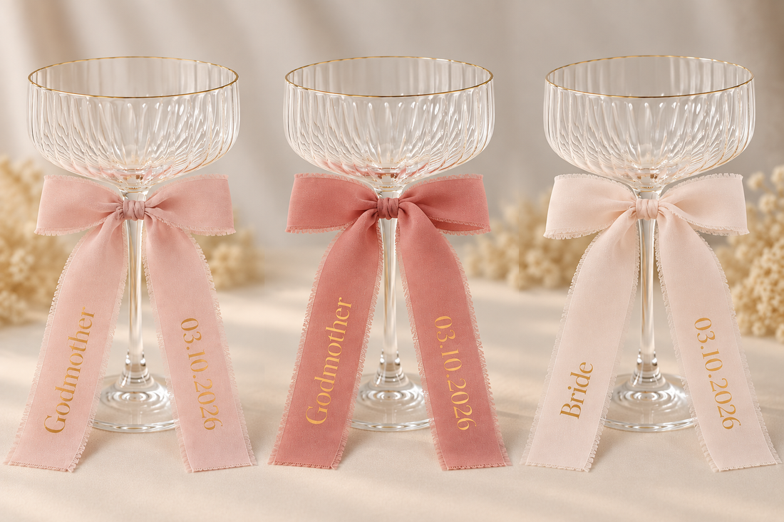 Panglică mătase personalizată - accesorii nuntă - amintiri și cadouri de nuntă - cadou nuntă - pahar de nuntă, set de sticlă - Artynos.ro