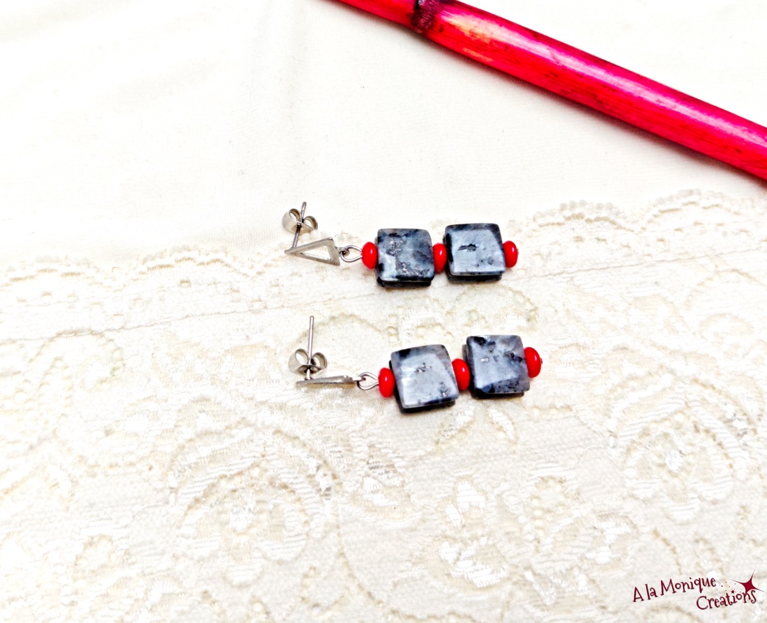 Cercei de iarna cu coral rosu si larvikit - bijuterii - cercei - cercei lungi - Artynos.ro