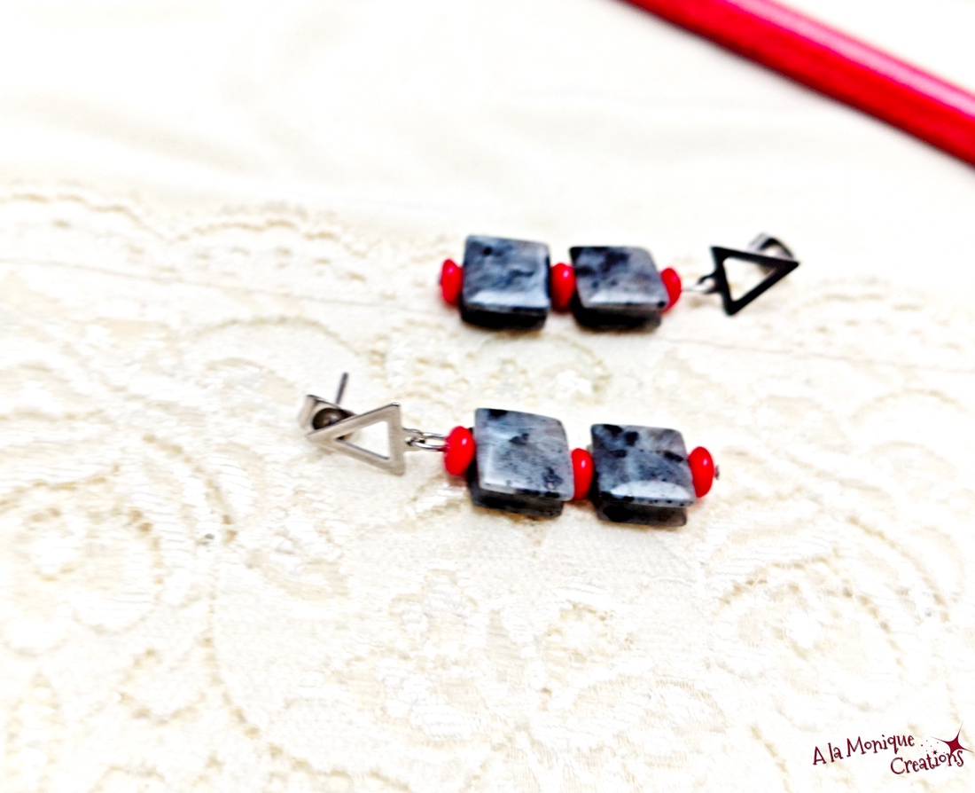 Cercei de iarna cu coral rosu si larvikit - bijuterii - cercei - cercei lungi - Artynos.ro