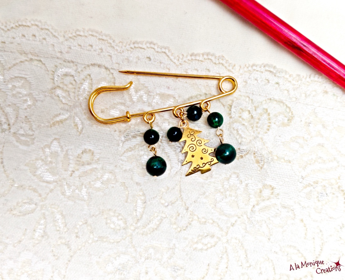 Brosa cu ochi de tigru si bradut - bijuterii - broșe - Artynos.ro