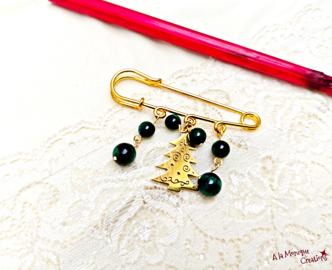 Brosa cu ochi de tigru si bradut - bijuterii - broșe - Artynos.ro