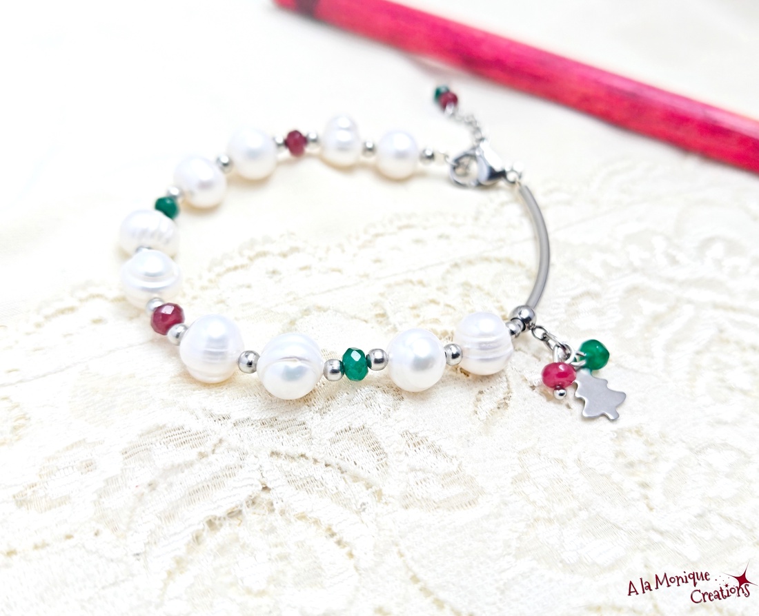 Bratara de Craciun cu perle si jad - bijuterii - brățări - brățări din pietre semiprețioase - Artynos.ro