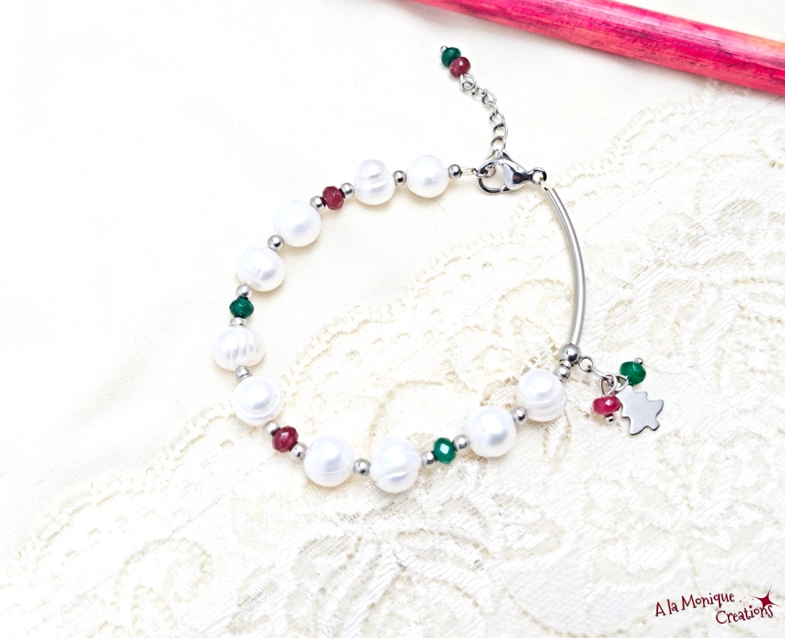 Bratara de Craciun cu perle si jad - bijuterii - brățări - brățări din pietre semiprețioase - Artynos.ro