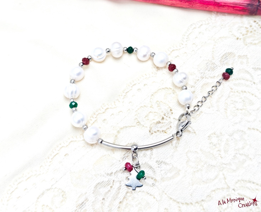 Bratara de Craciun cu perle si jad - bijuterii - brățări - brățări din pietre semiprețioase - Artynos.ro