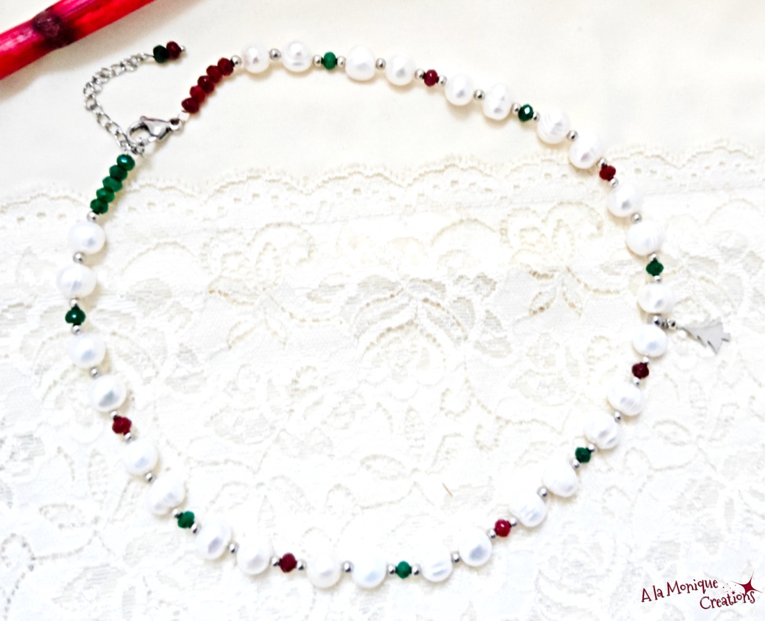 Colier de Craciun cu perle si jad - bijuterii - coliere - coliere din pietre semiprețioase - Artynos.ro