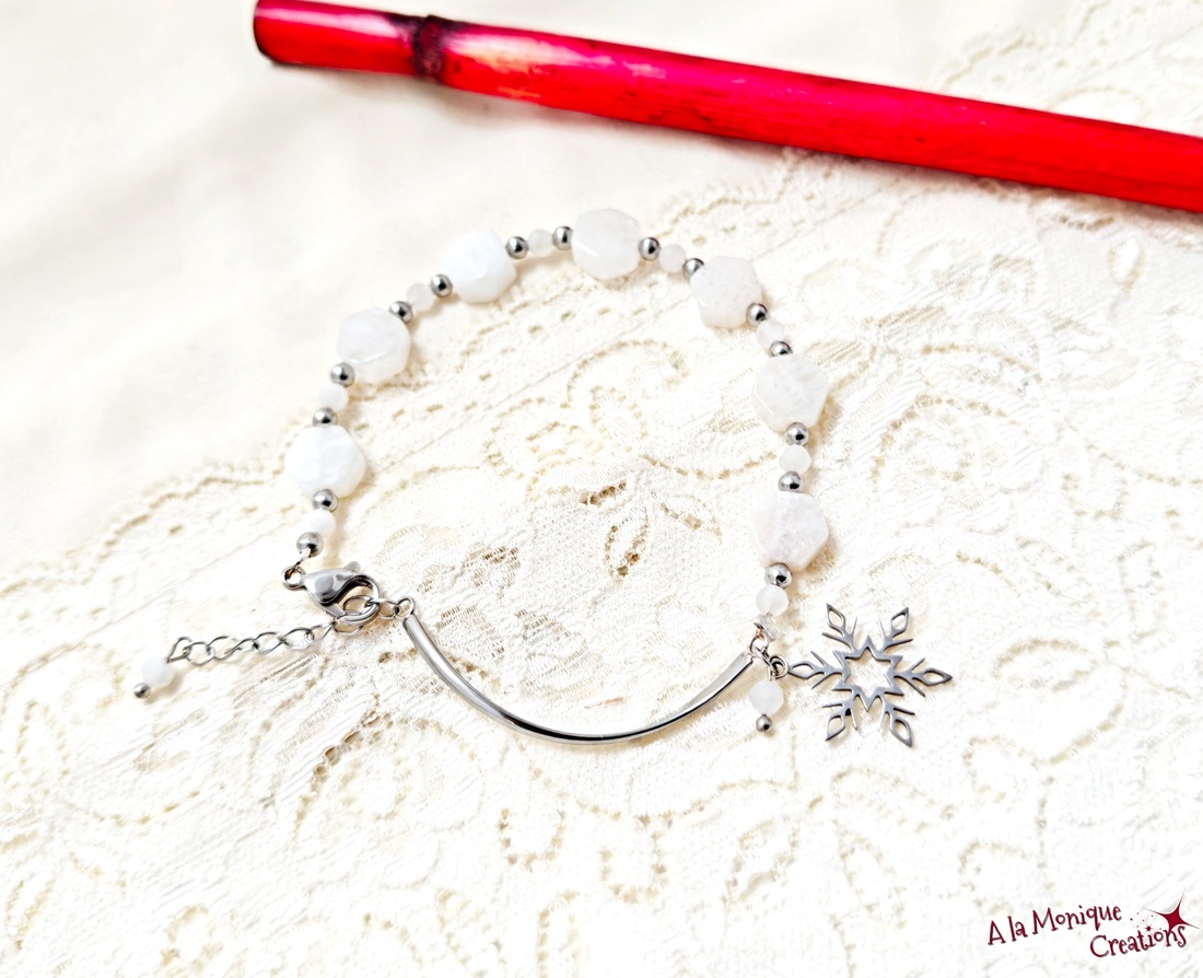 Bratara cu jad piatra lunii si fulg de zapada - bijuterii - brățări - brățări din pietre semiprețioase - Artynos.ro